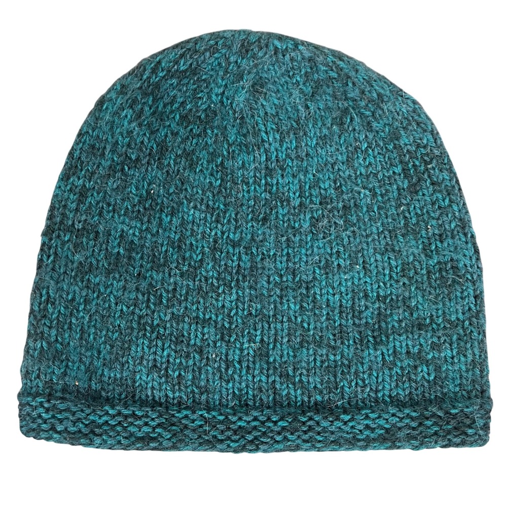 Handmade Knit Beanie Teal Green Marled Wool Blend Skull Cap Rolled Brim Hat